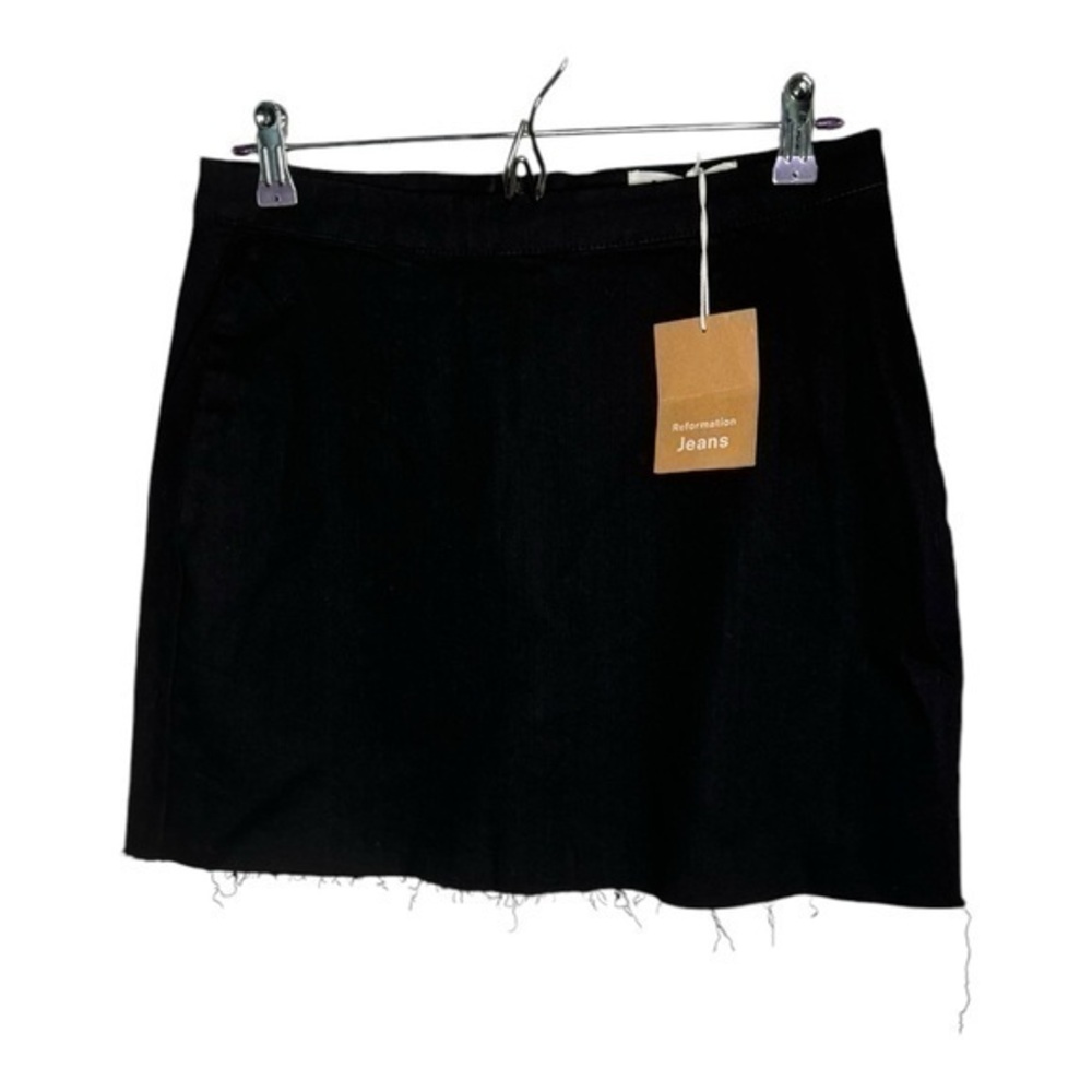 Reformation Jeans Mini Evie Skirt 30 Black High-Waisted Raw Hem Boho Stretch NWT